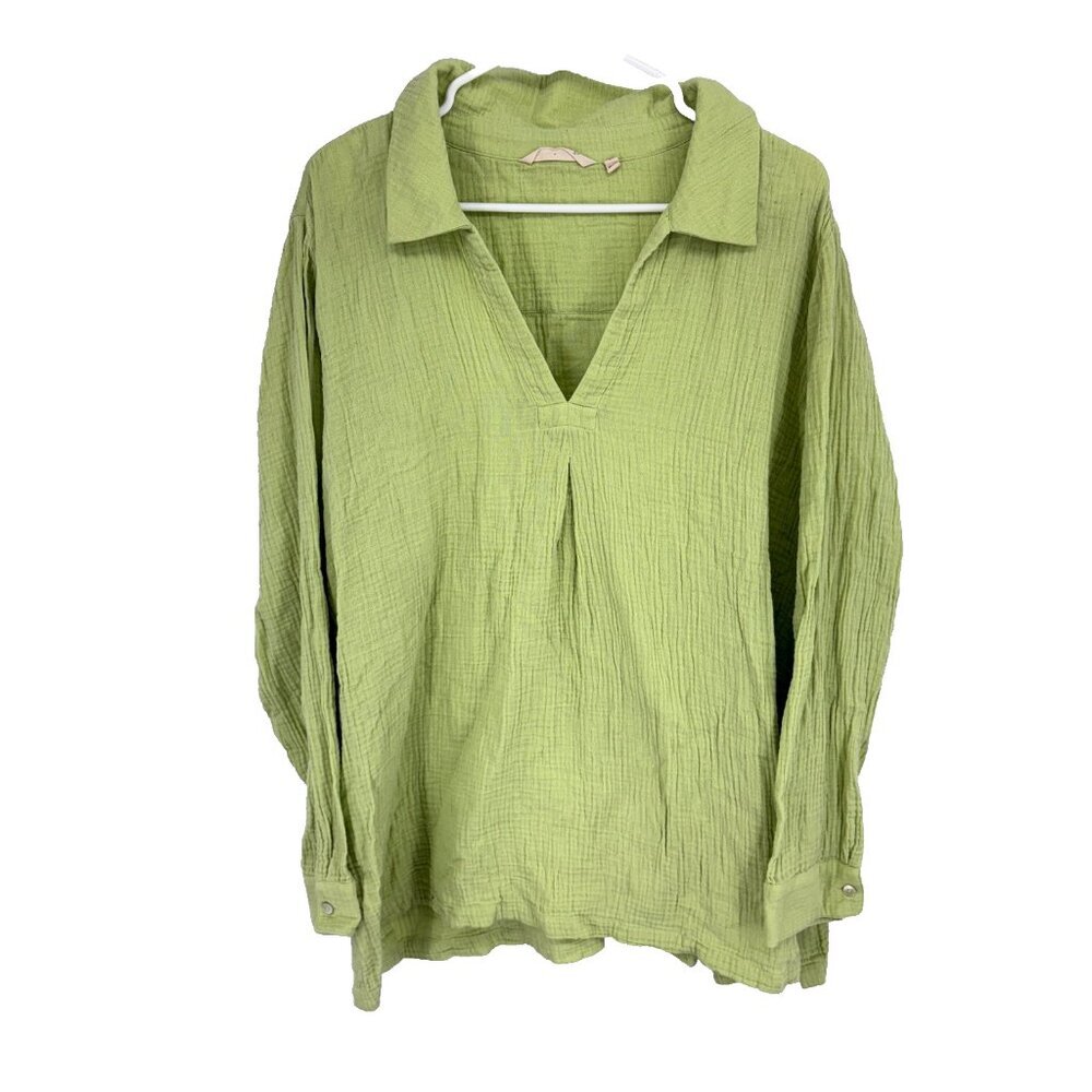 Soft Surroundings Women 3X Gauze Blouse Shirt Green Long Sleeve Crinkle Minimal
